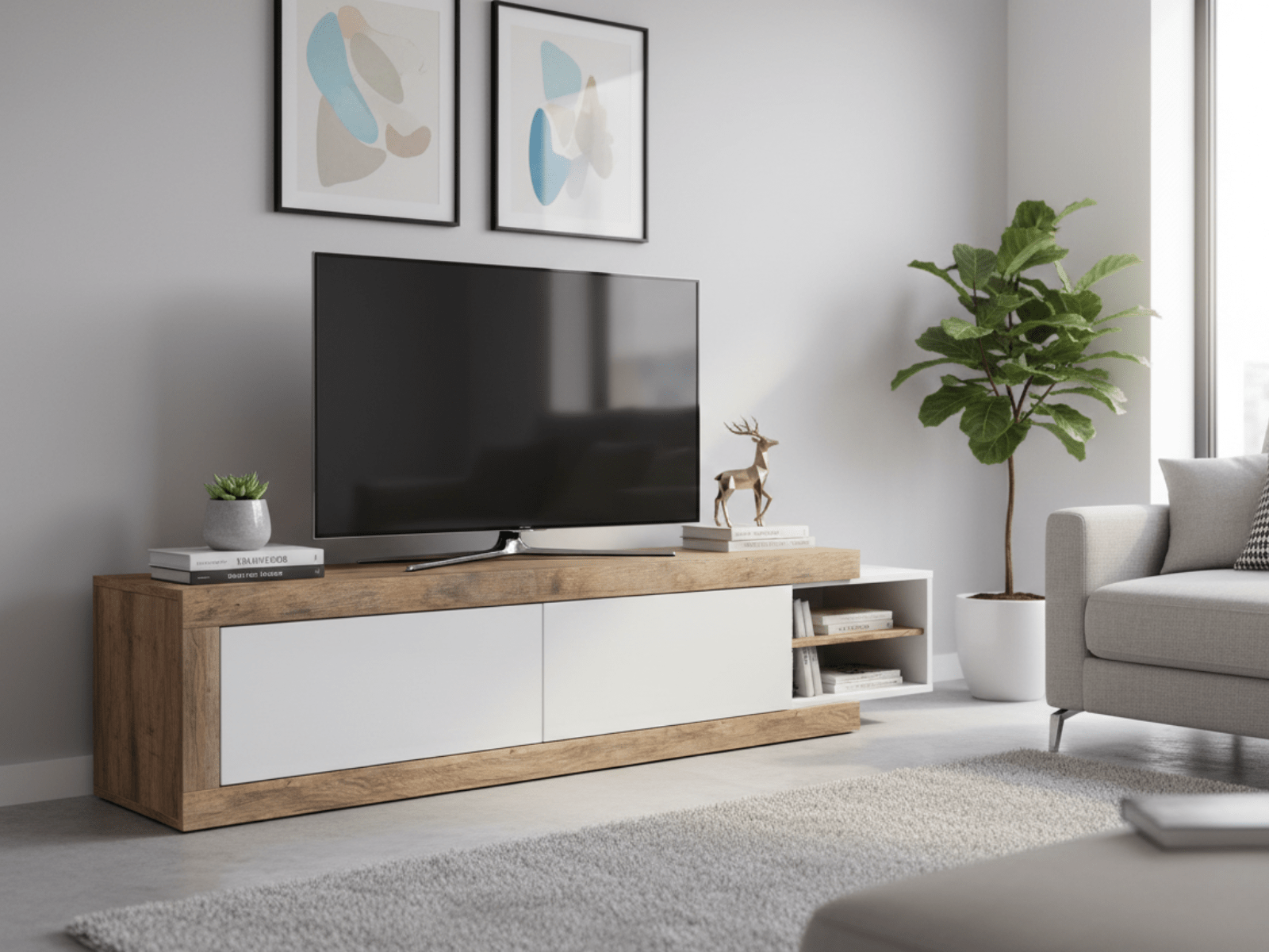 Meuble tv-hifi SINO 2 portes chêne/blanc laqué