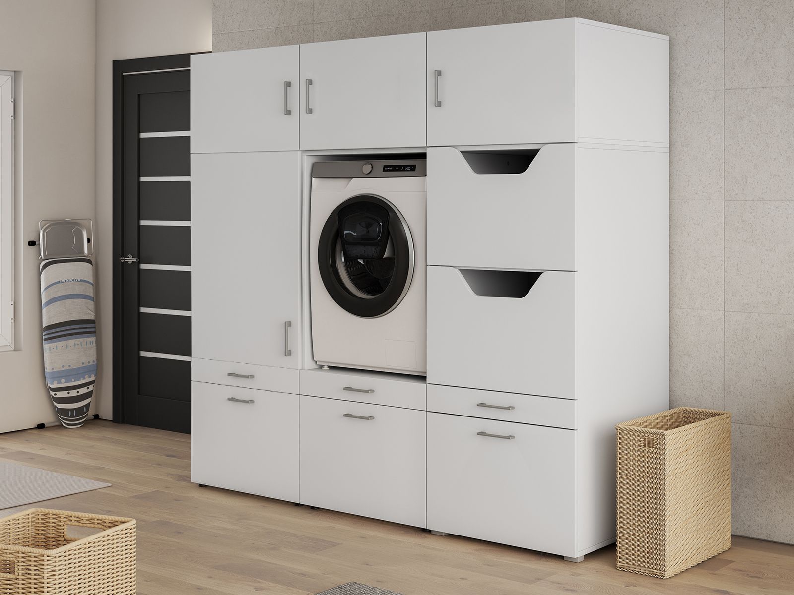 Meuble WASHING 1 machine avec armoire linge et armoire LARGE blanc