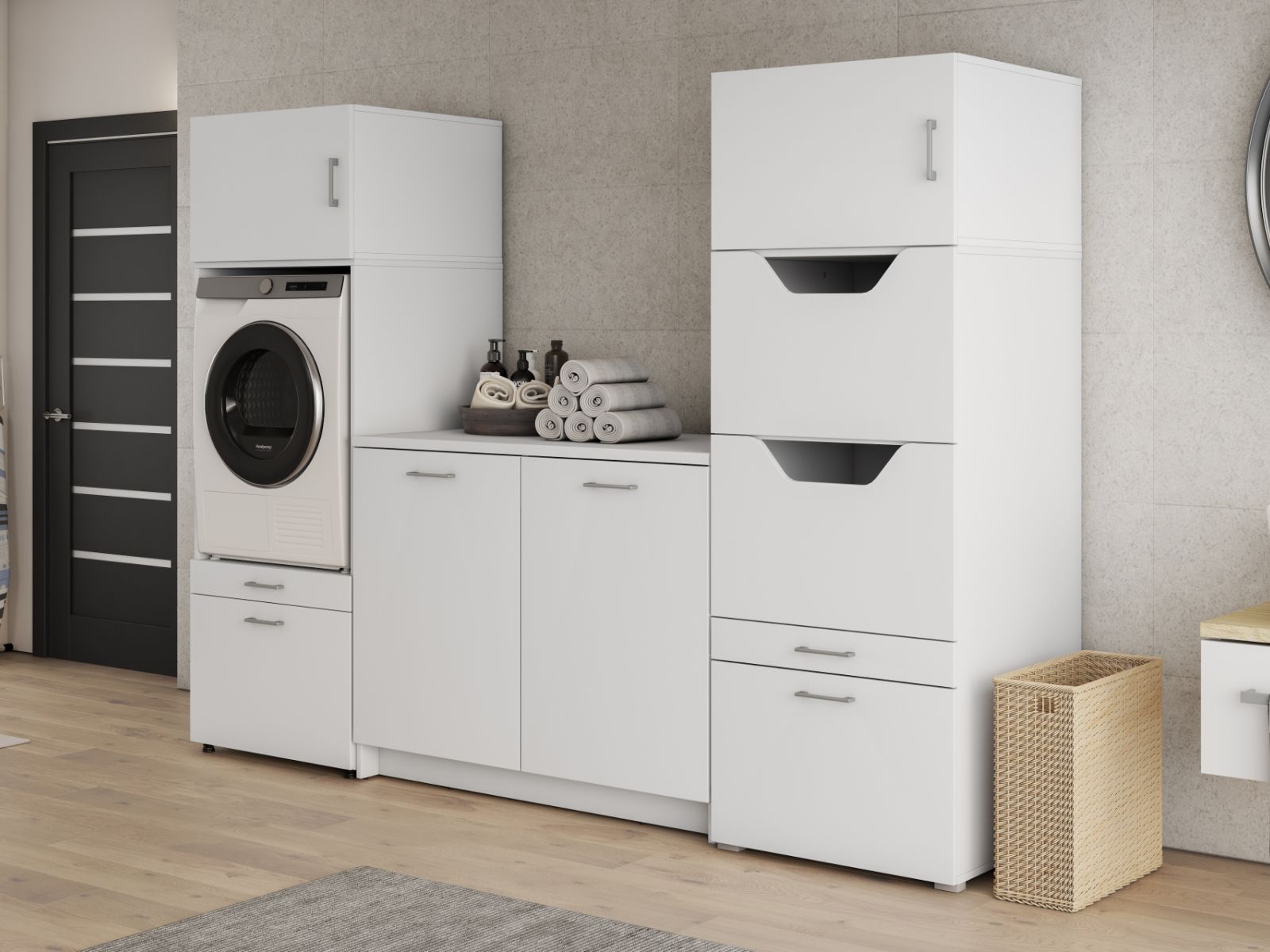Meuble WASHING 1 machine avec armoire linge et meuble bas LARGE blanc