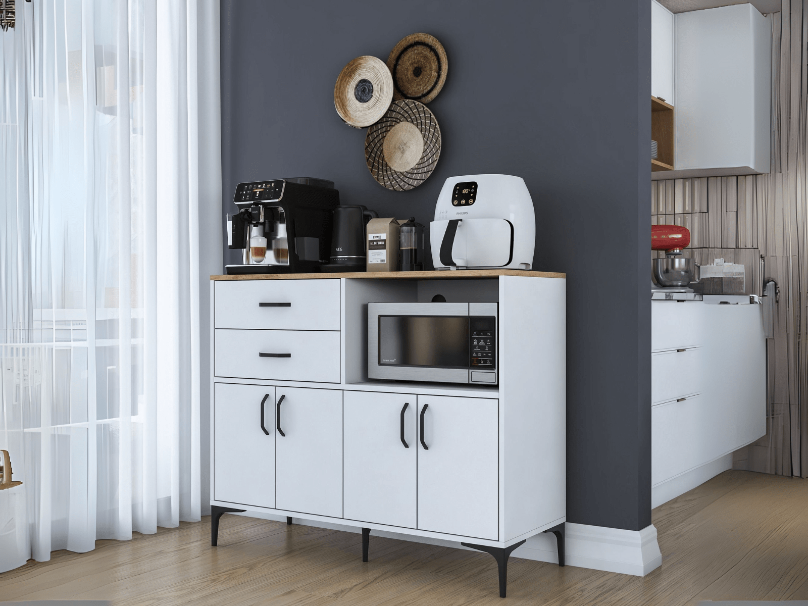 Buffet/bahut RAMSAY 4 portes 2 tiroirs blanc/noyer