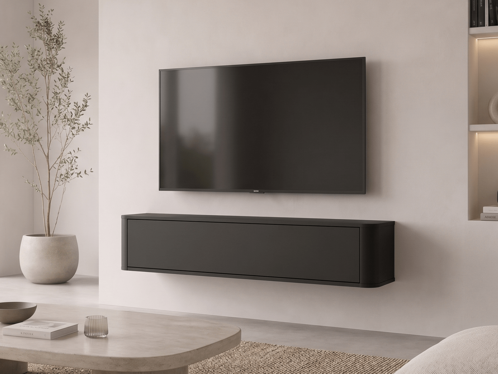 Meuble tv-hifi PRINCETON 1 porte battante 140 cm arrondi noir