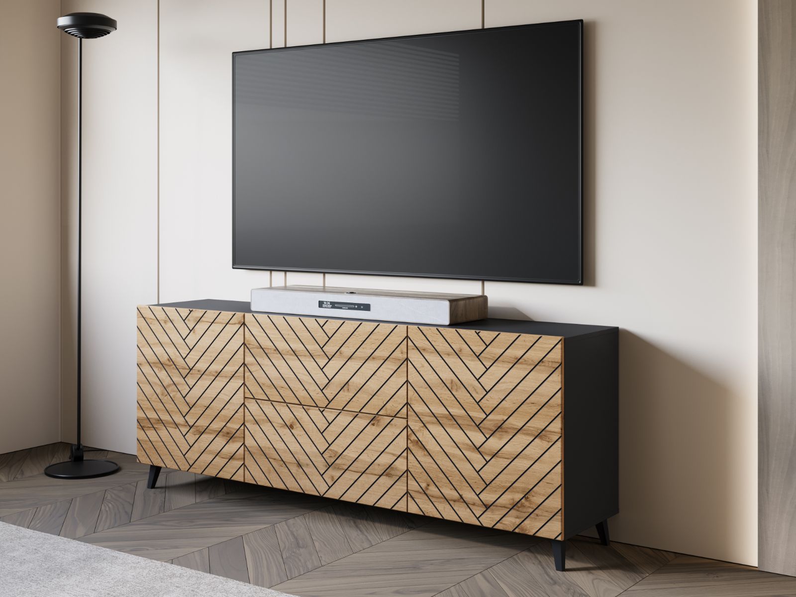 Meuble tv-hifi FUKETTE 2 portes 2 tiroirs 180 cm graphite/chêne wotan