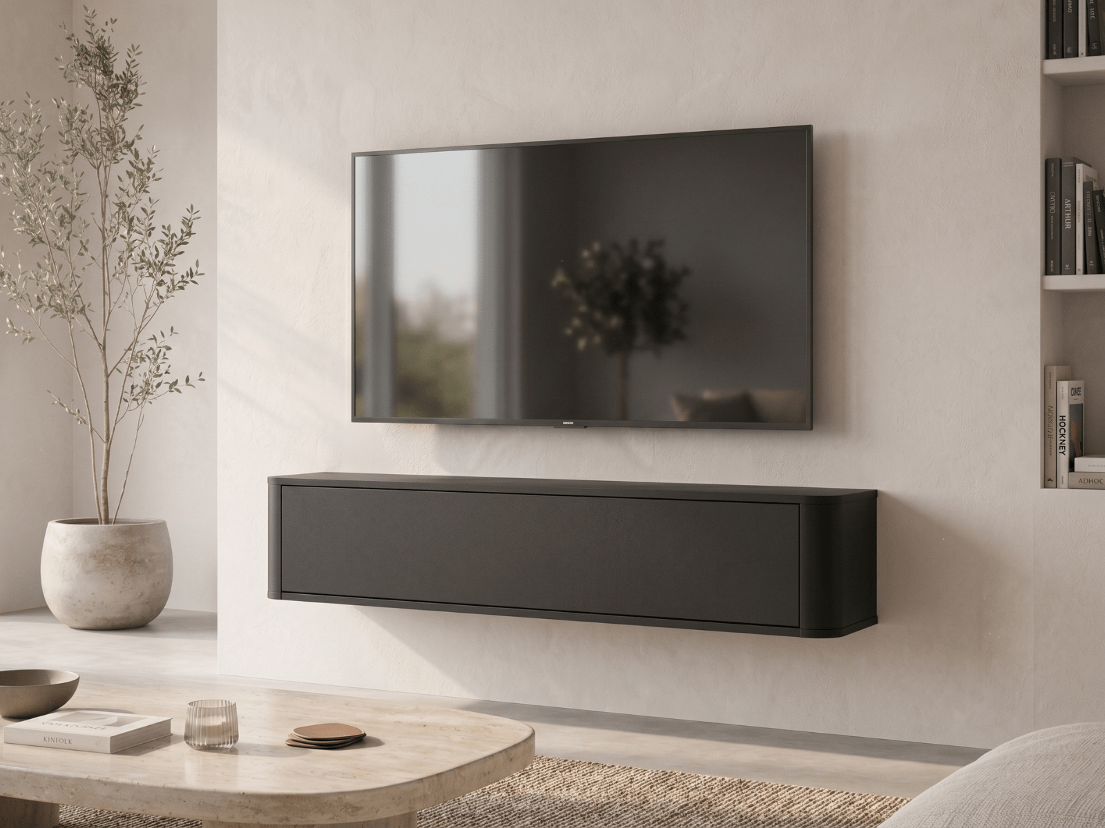 Meuble tv-hifi PRINCETON 1 porte battante 140 cm arrondi noir