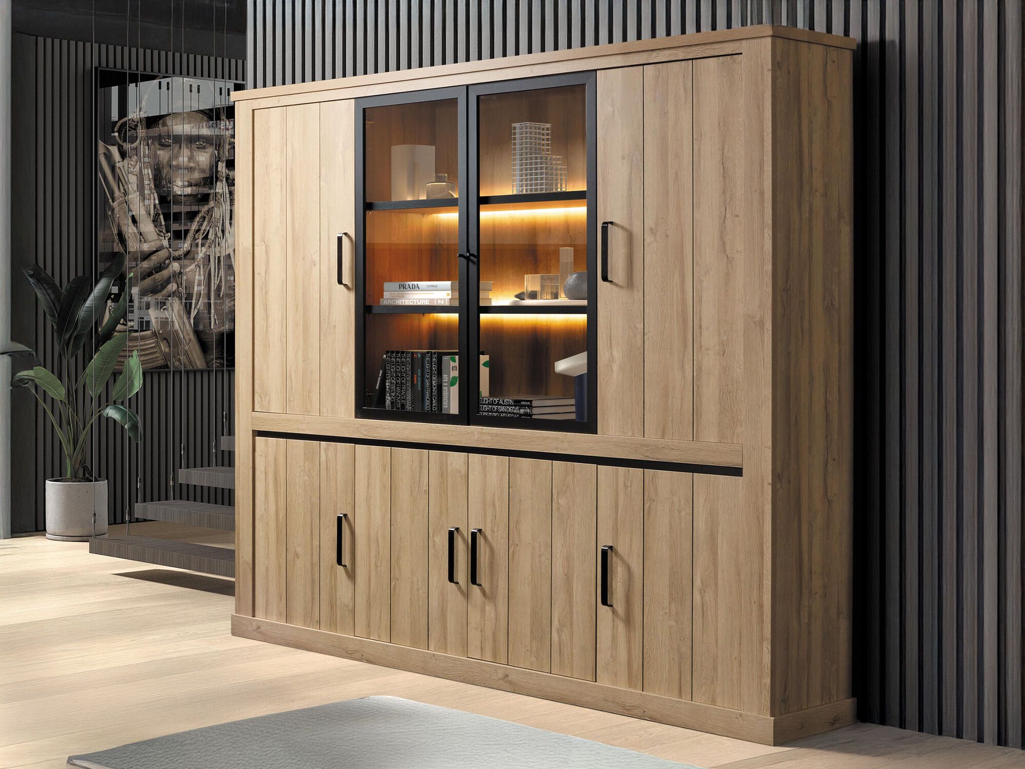 Vaisselier TIBOR 2 portes vitrées 6 portes pleines chêne français