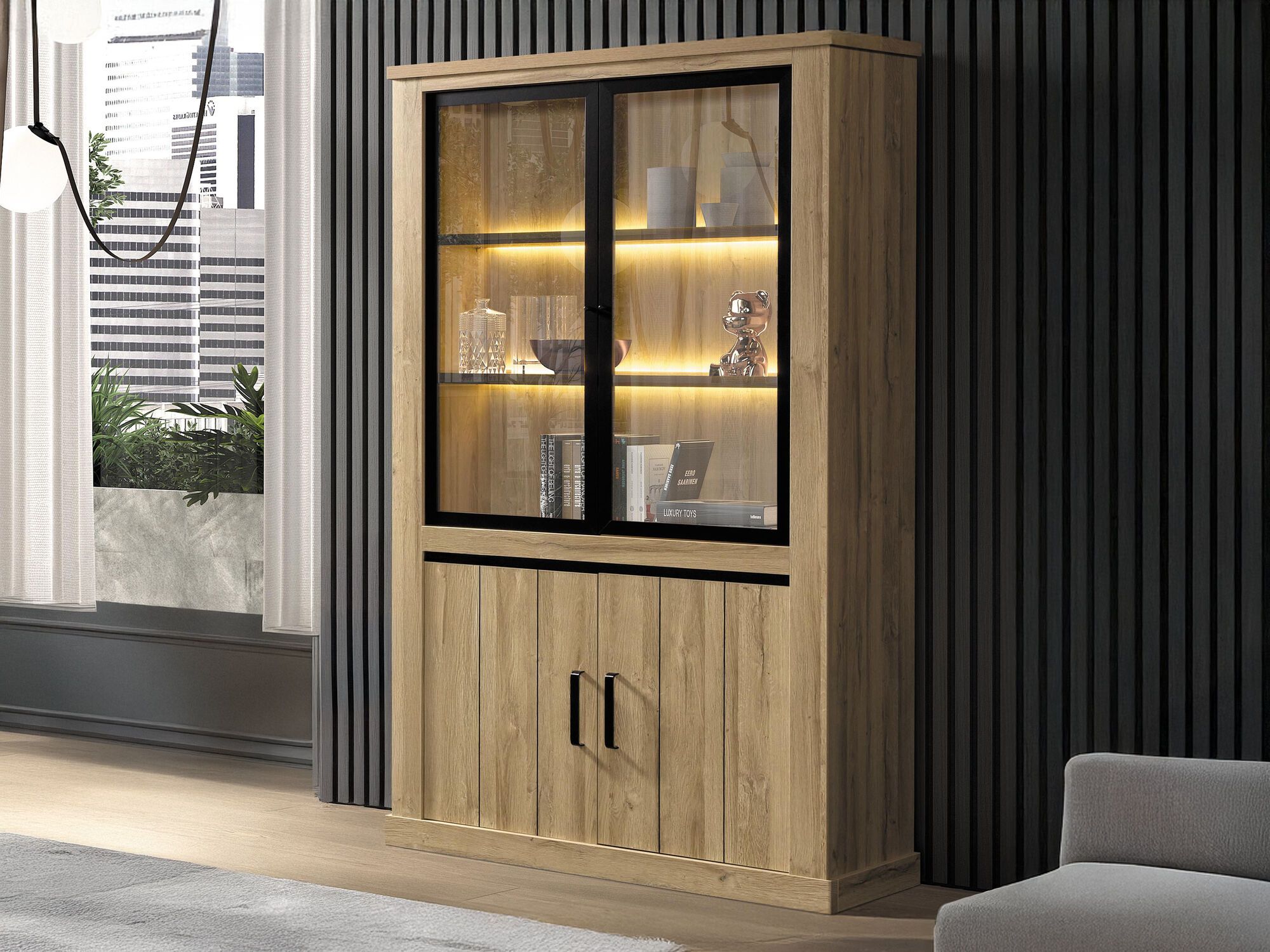 Vitrine TIBOR 4 portes chêne français avec led