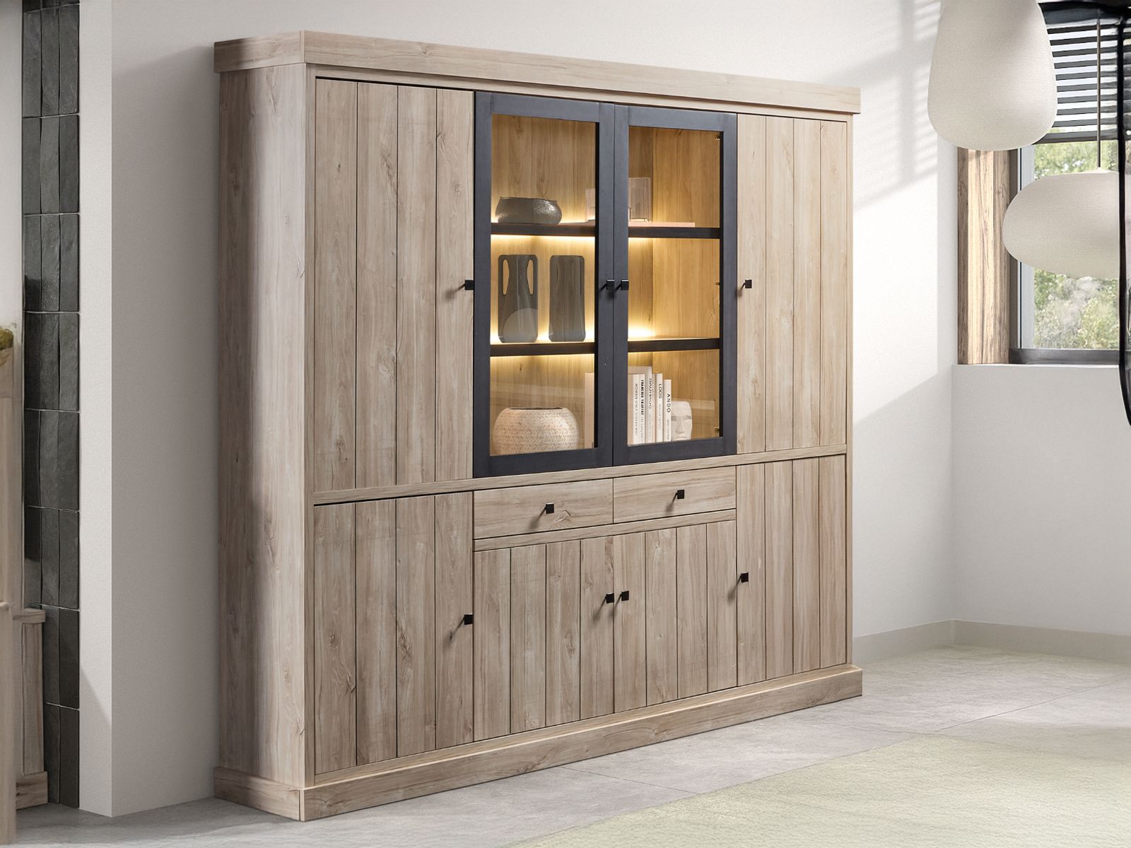 Vaisselier TORYKA 8 portes 2 tiroirs chêne plage avec led