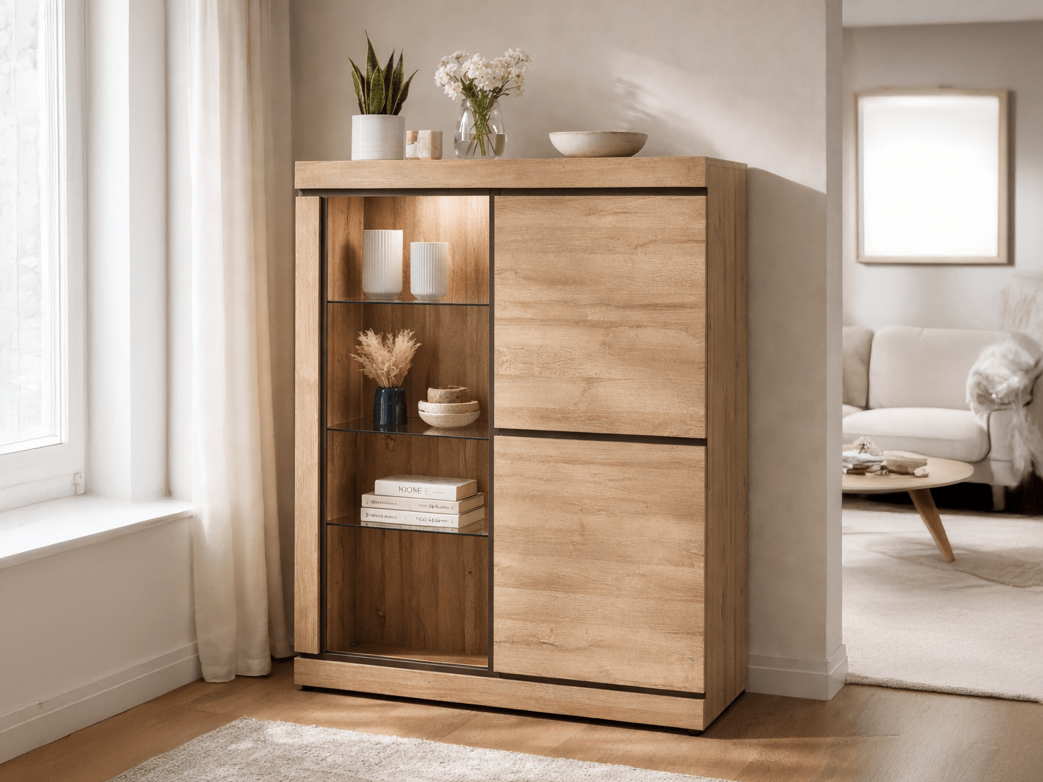 Vitrine MARNOIX 3 portes chêne français avec led