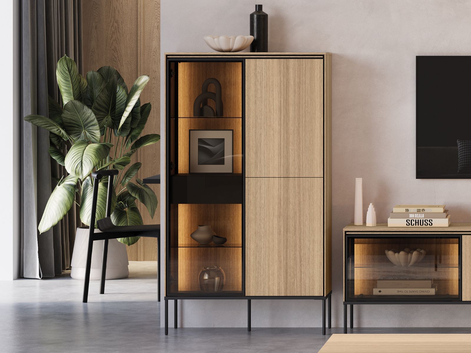 Vitrine VIDDO II 3 portes chêne linea avec led