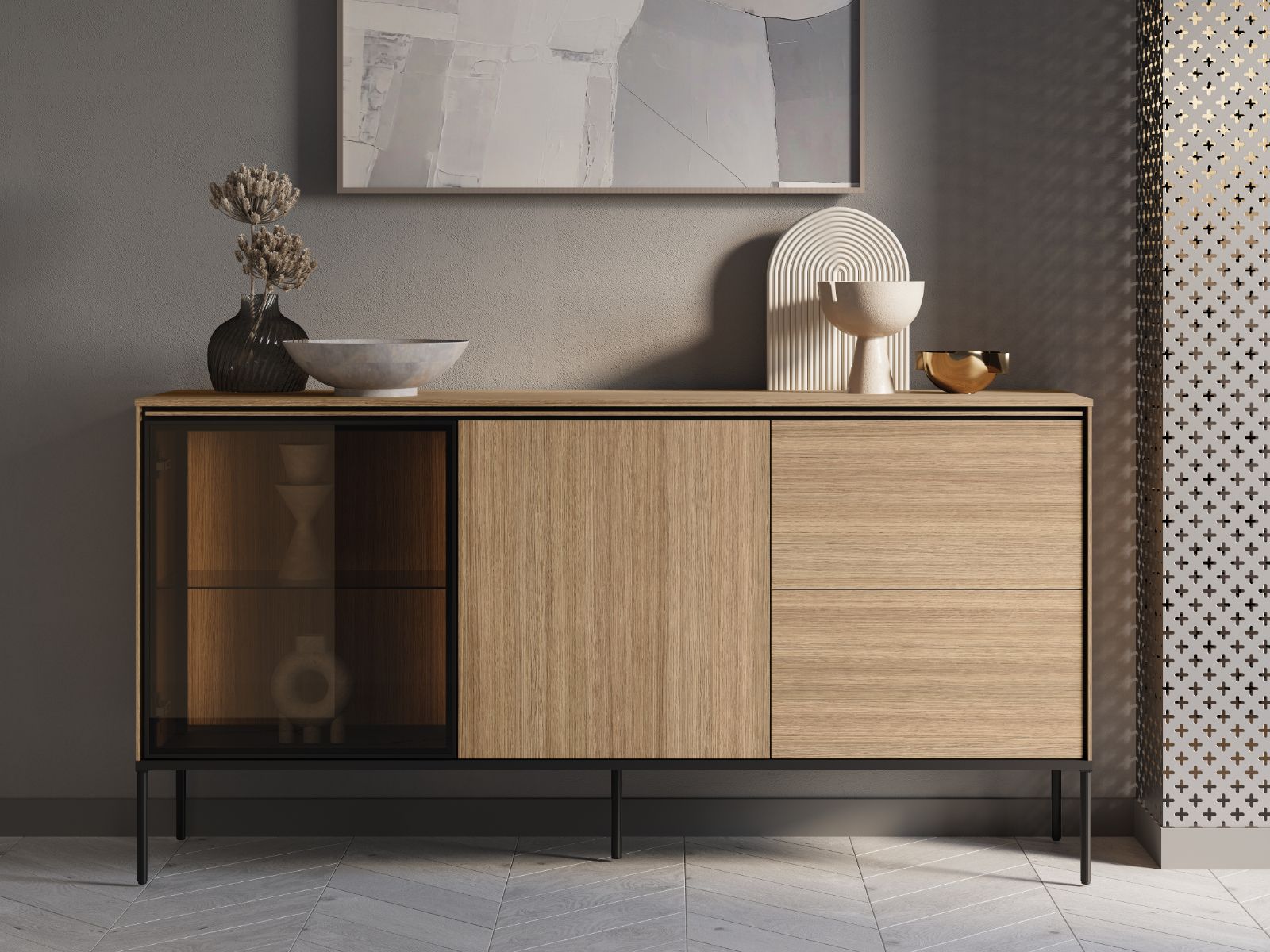 Buffet/bahut VIDDO II 2 portes 2 tiroirs chêne linea avec led