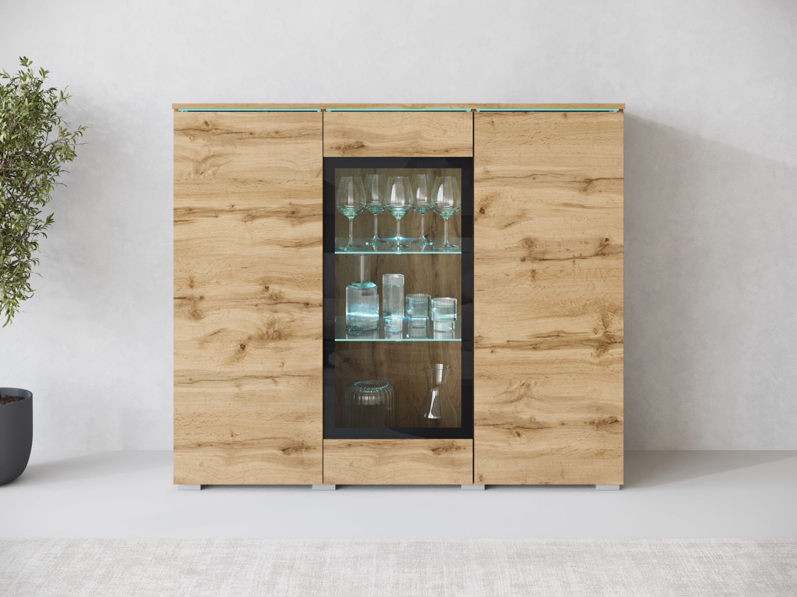 Commode haute VITTORIO 3 portes chêne wotan avec led