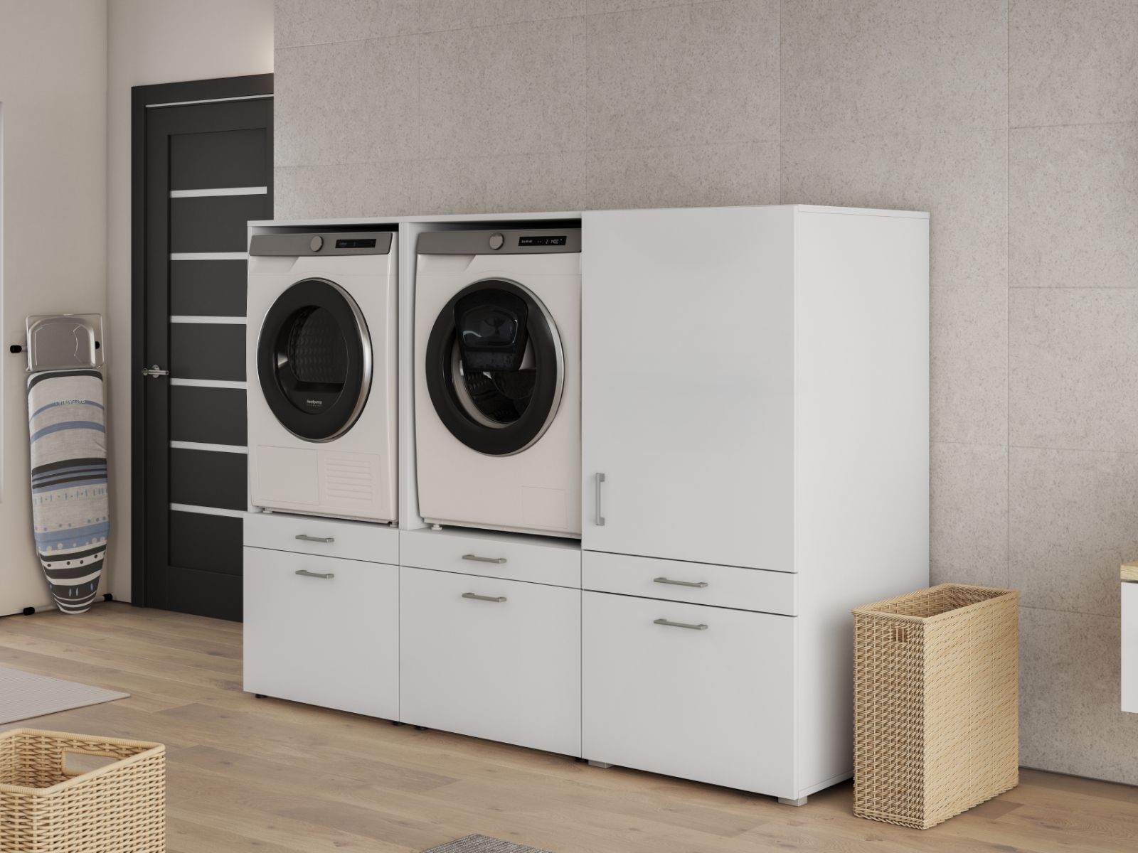 Meuble WASHING 2 machines côte à côte avec armoire 1 porte 2 tiroirs blanc
