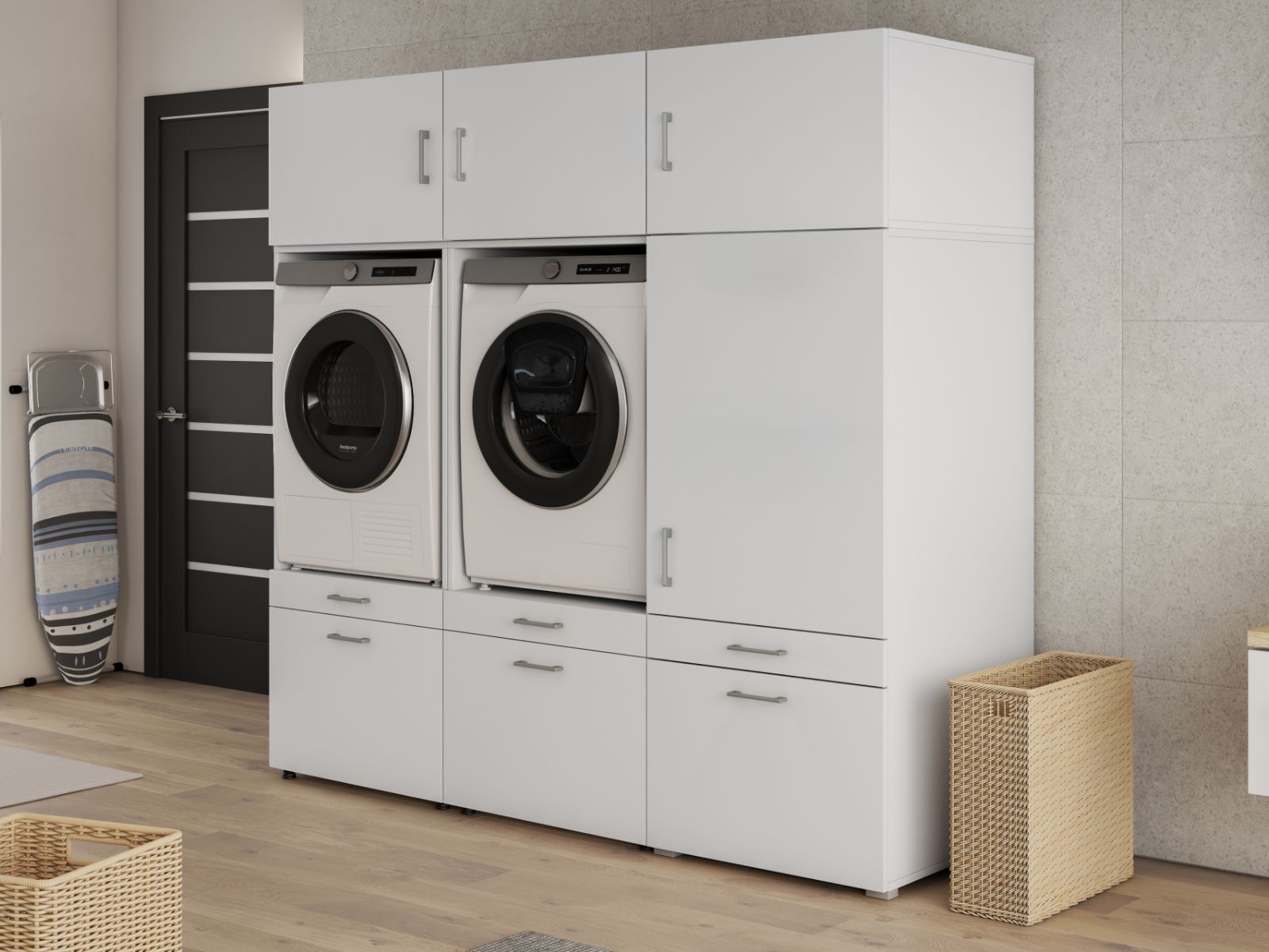 Meuble WASHING 2 machines côte à côte avec armoire 1 porte 2 tiroirs blanc avec 3 surmeubles