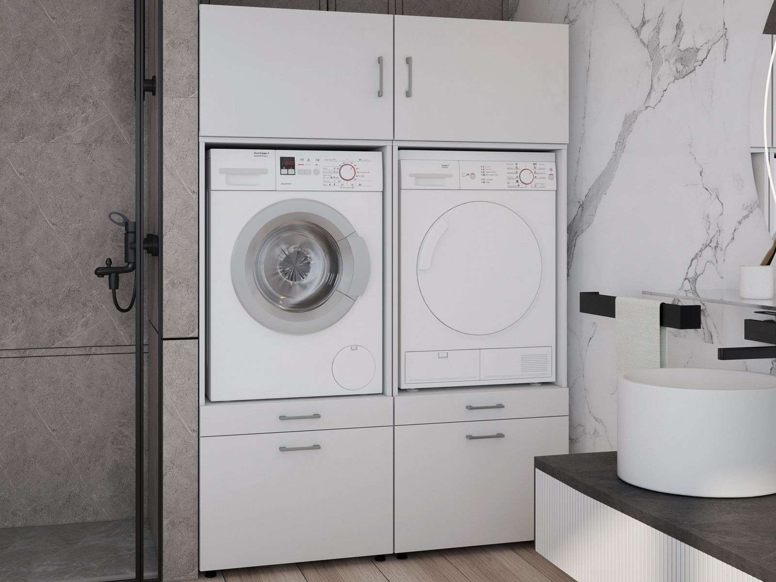 Meuble WASHING 2 machines côte à côte blanc avec 2 surmeubles