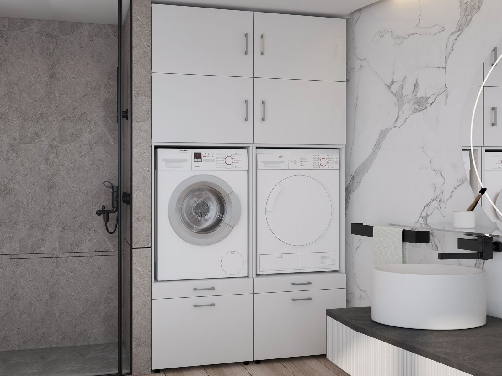 Meuble WASHING 2 machines côte à côte blanc avec 4 surmeubles