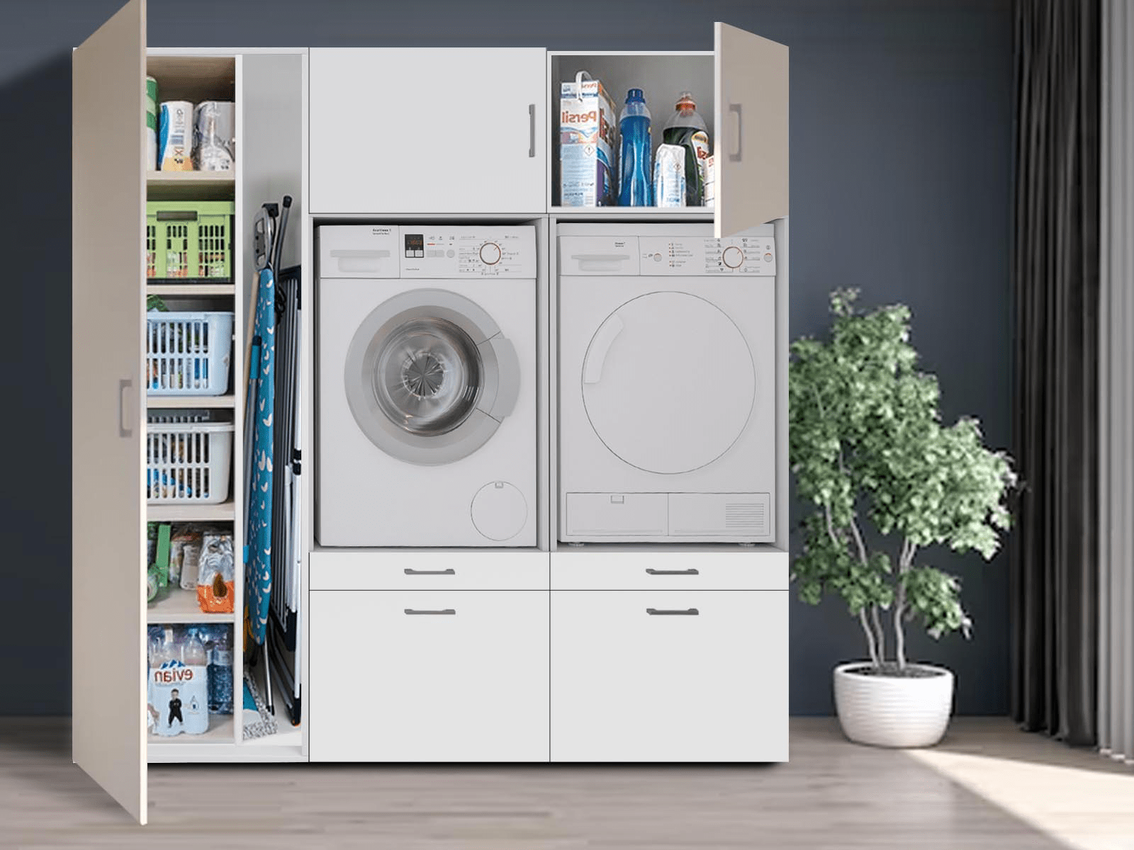 Meuble WASHING 2 machines côte à côte avec armoire 1 porte blanc avec 2 surmeubles