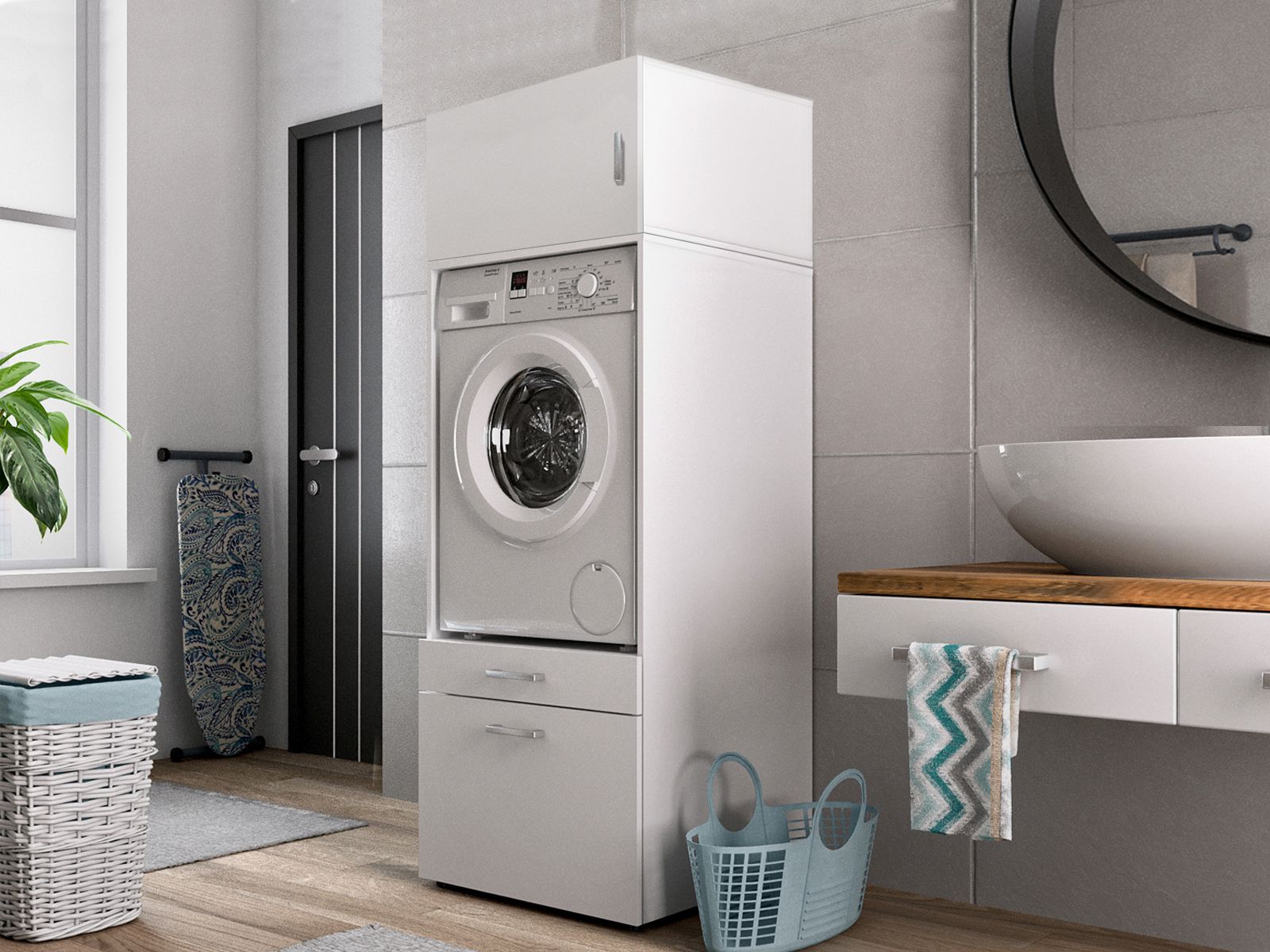 Meuble WASHING 1 machine blanc avec 1 surmeuble