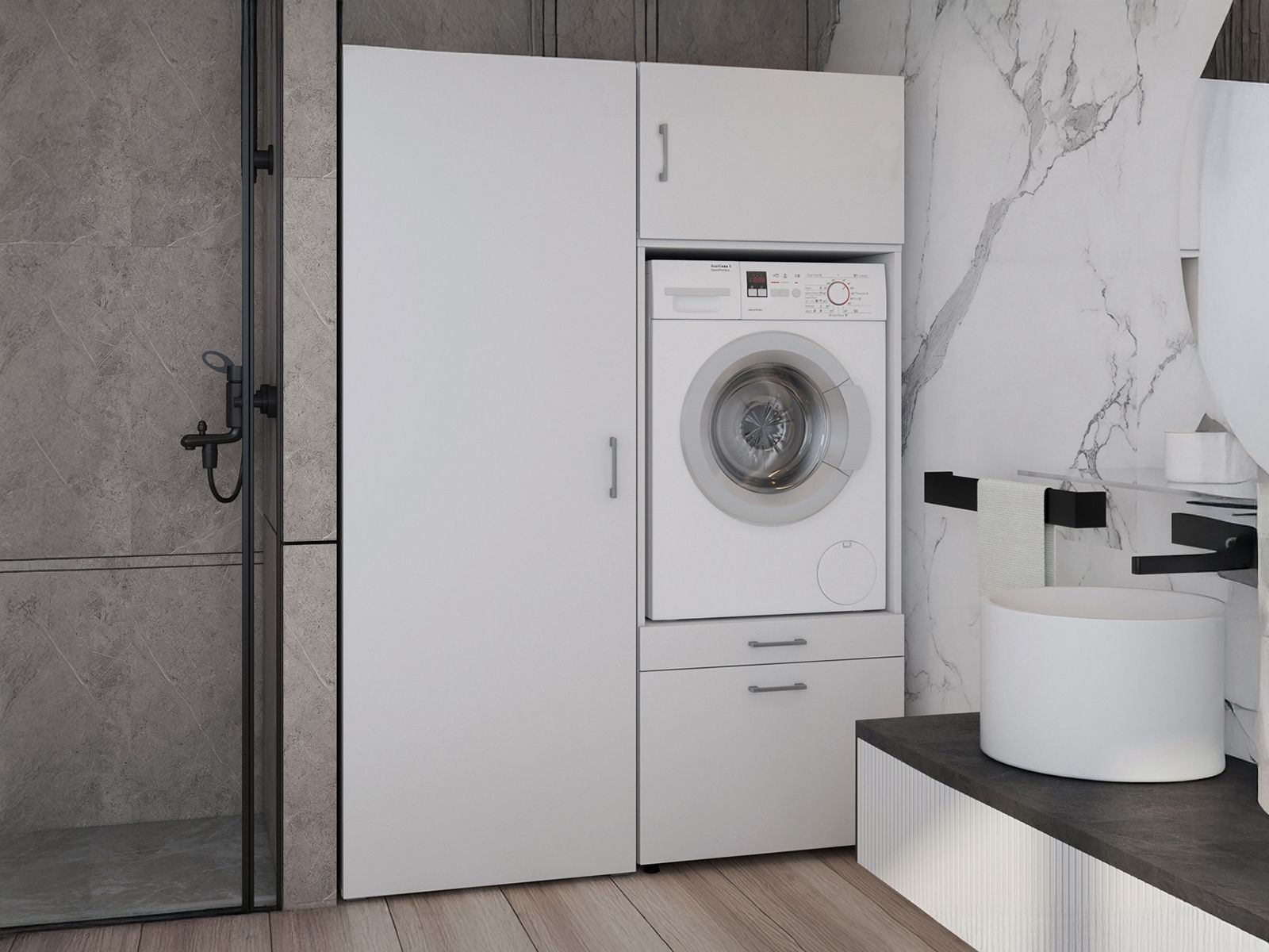 Meuble WASHING 1 machine avec armoire 1 porte blanc avec 1 surmeuble
