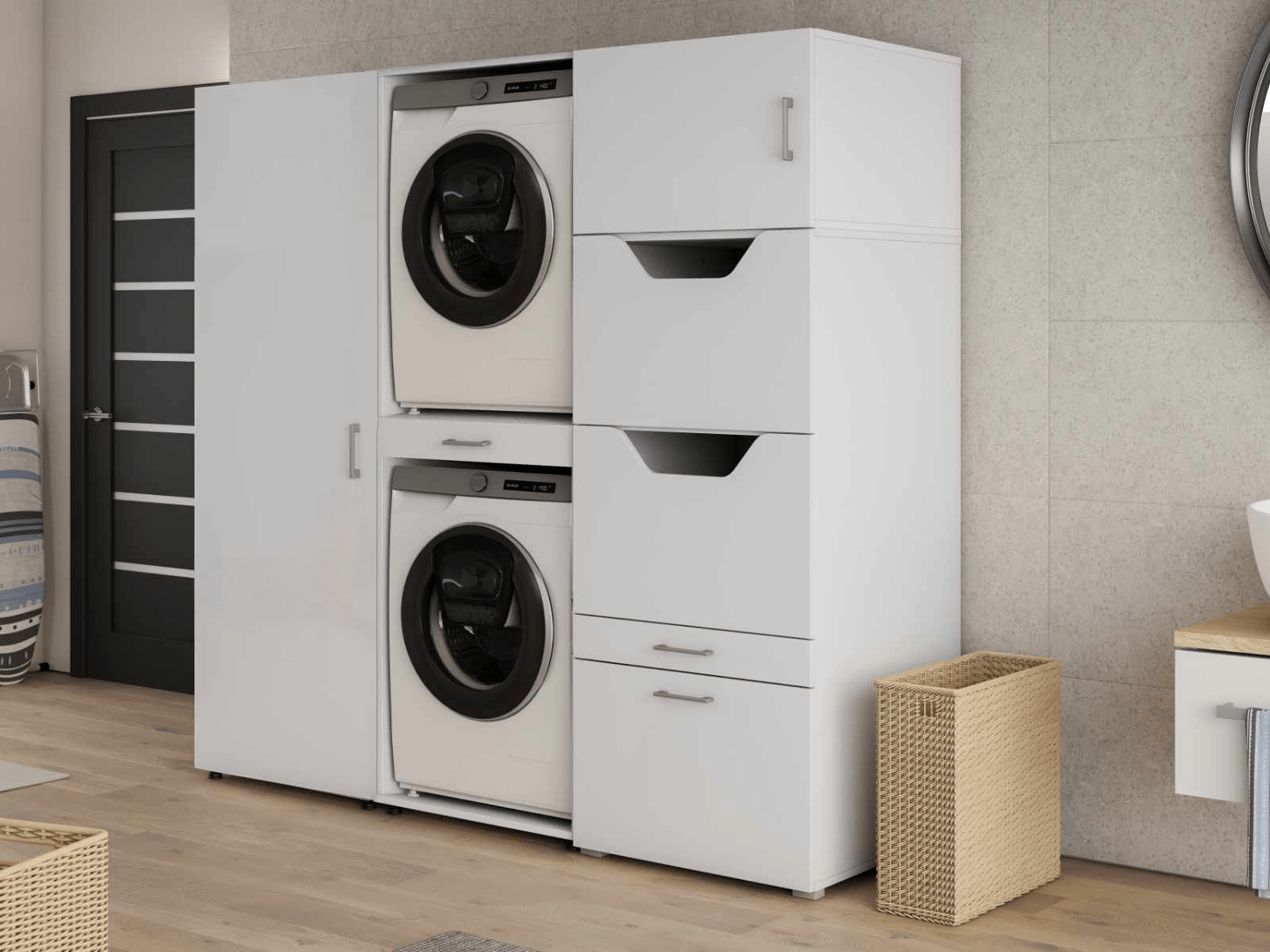 Meuble WASHING 2 machines superposés avec 2 armoires blanc avec 1 surmeuble