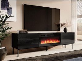 Meuble tv-hifi cheminée SKIPPY 2 portes noir/noir brillant