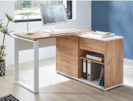 Bureau d’angle LISBONNE 1 porte 1 tiroir blanc/chêne navarra