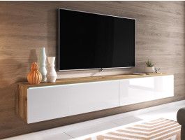 Meuble tv-hifi DUBAI 2 portes battantes 140 cm blanc laqué/chene wotan