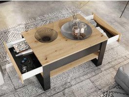 Table basse QUANTINO 2 tiroirs chêne artisan/noir
