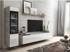 Mur tv-hifi VITTORIO 4 portes béton/blanc brillant avec led