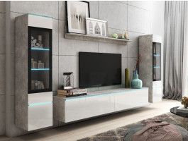 Mur tv-hifi VITTORIO 6 portes béton/blanc brillant avec led