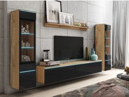 Mur tv-hifi VITTORIO 6 portes chêne wotan/noir brillant avec led