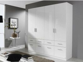 Armoire CELLON blanc 4 portes et 8 tiroirs blanc brillant