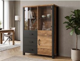 Commode haute OLIANNE 3 portes 3 tiroirs épicéa appenzeller/noir