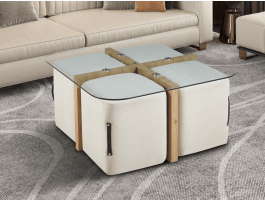 Table basse avec 4 poufs SHIRA chêne vieilli