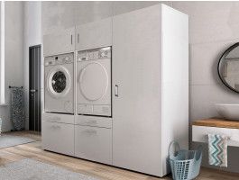 Meuble WASHING 2 machines côte à côte avec armoire 1 porte blanc avec 2 surmeubles
