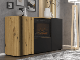 Buffet/bahut ORISA 3 portes chêne artisan/noir avec cheminée