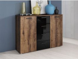 Commode GALACTIC 2 portes 4 tiroirs noir brillant/chêne monastère