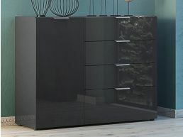 Buffet/bahut OAKLAIR 1 porte 4 tiroirs noir/noir laqué
