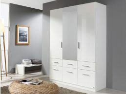 Armoire CELLON blanc 3 portes et 6 tiroirs avec miroir blanc brillant