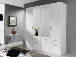 Armoire CELTI 4 portes et 8 tiroirs avec miroir blanc/blanc laqué