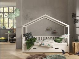 Lit maison DALTE 90x200 cm pin blanc avec lit gigogne