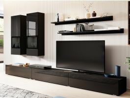 Mur tv-hifi BABEL 5 portes noir laqué/noir sans led sans table basse