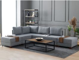 Canapé convertible FLIPPER méridienne gauche tissu gris avec poufs