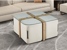 Table basse avec 4 poufs SHIRA chêne vieilli