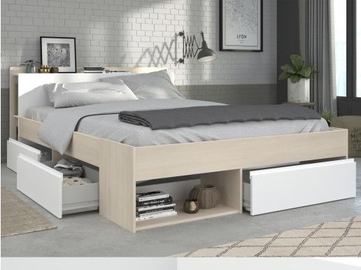 Lit NOE 140x200 cm acacia clair avec tiroirs