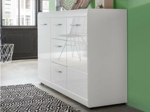 Buffet/bahut PITTA 2 portes 3 tiroirs blanc brillant