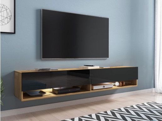 Meuble tv-hifi ACAPULCO 2 portes battantes 180 cm chêne wotan/noir brillant