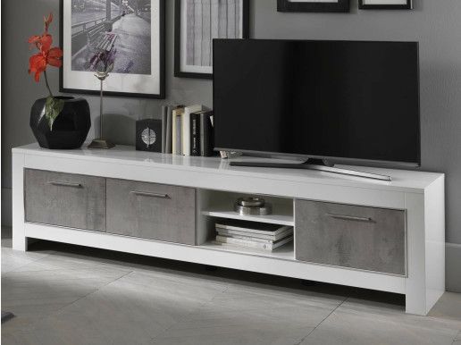 Meuble tv-hifi MADONNA 3 portes blanc laqué/béton laqué