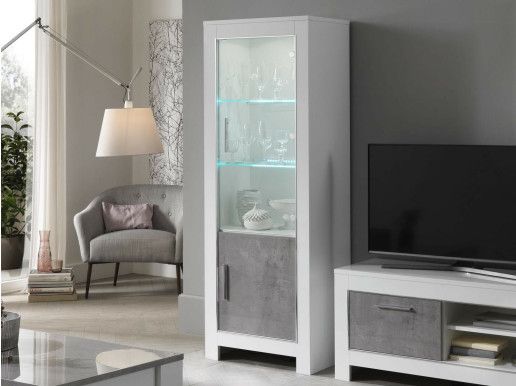 Vitrine MADONNA 2 portes blanc laqué/béton laqué avec led