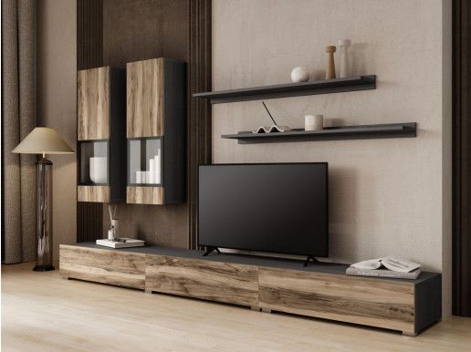 Mur tv-hifi BABEL 5 portes noyer/chêne grisé