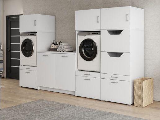 Meuble WASHING 2 machines côte à côte avec armoire linge et meuble bas blanc avec 3 surmeubles
