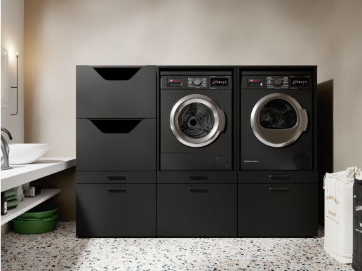 Meuble WASHING 2 machines côte à côte avec armoire linge noir